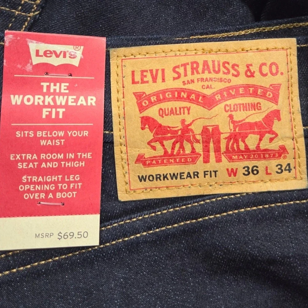 Levis Workwear Fit Jeans Mens 36x34 Dark Wash Straight Leg Stretch Denim NEW
